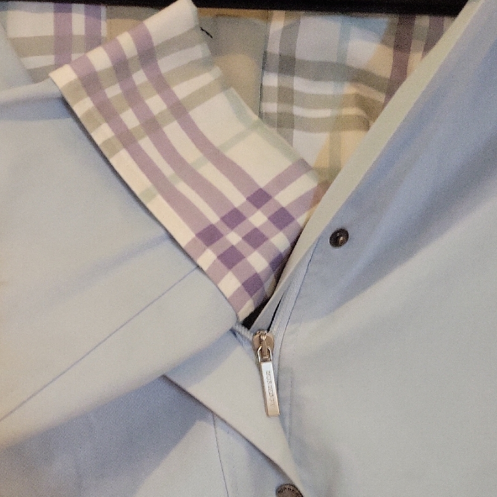 Burberry Light Blue Trench Coat with Plaid Accents - Picture 5 of 10